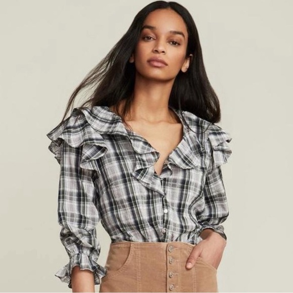 Veronica Beard Itha Plaid Ruffle Button Down Top Size 4 Romantic Feminine - Picture 1 of 8